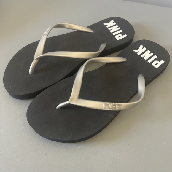 Victoria Secret Shoes - Victoria Secret Pink Flip Flops Thongs BRAND NEW Size‎ 5-6 Black Silver Logos